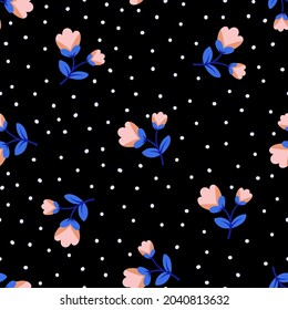 Seamless pattern with cute simple flowers and dots. Trendy vector