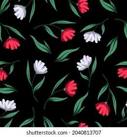 Seamless pattern with cute simple flowers. Trendy vector