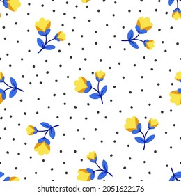 Seamless pattern with cute simple flowers and dots. Trendy vector