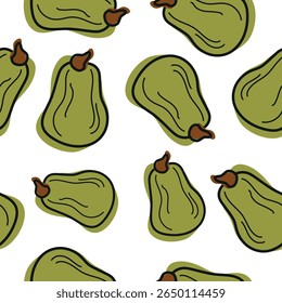 seamless pattern with cute simple icon of long, green pumpkins in cartoon doodle style arranged randomly, for autumn holidays, advertising and seasonal packaging