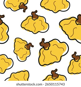 seamless pattern with cute simple icon of round, yellow pumpkins in cartoon doodle style arranged randomly, for autumn holidays, advertising and seasonal packaging