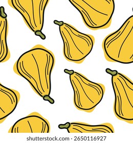 seamless pattern with cute simple icon of long, yellow pumpkins in cartoon doodle style arranged randomly, for autumn holidays, advertising and seasonal packaging