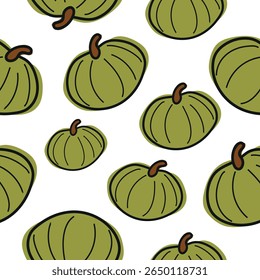seamless pattern with cute simple icon of round, green pumpkins in cartoon doodle style arranged randomly, for autumn holidays, advertising and seasonal packaging