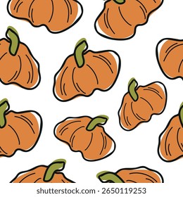 seamless pattern with cute simple icon of round bright orange pumpkin with green tail in cartoon doodle style arranged randomly, for autumn holidays, advertising and seasonal packaging