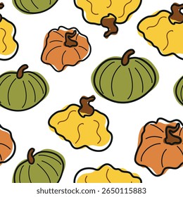 seamless pattern of cute simple icons of various pumpkins of round shape and various colors arranged randomly, for autumn holidays, advertising and seasonal packaging