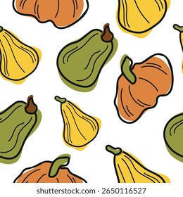 seamless pattern of cute simple icons of various pumpkins of different shapes and colors arranged randomly, for autumn holidays, advertising and seasonal packaging