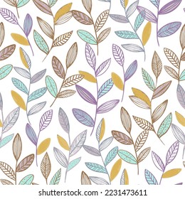 Seamless pattern with cute simple line branches with leaves. Minimalistic vector hand drawn illustration.