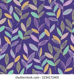 Seamless pattern with cute simple line branches with leaves. Minimalistic vector hand drawn illustration.