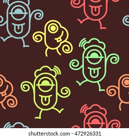 Seamless pattern cute simple monster in flat color