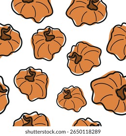 seamless pattern with cute simple round bright orange pumpkin icon in cartoon doodle style arranged randomly, for autumn holidays, advertising and seasonal packaging
