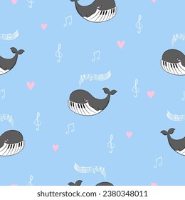 Seamless pattern with cute singing whales. Vector music background for kids