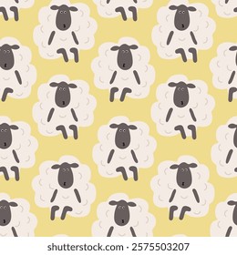 Seamless Pattern of Cute sitting Cartoon Sheep in a Minimalist Style on a Yellow Background