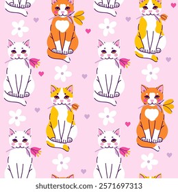 Seamless pattern with cute sitting cats with flowers. Vector graphics