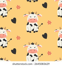 Seamless pattern with cute sitting cow and flowers. Pattern for fabric, wrapping, textile, wallpaper, clothing. Vector illustration.