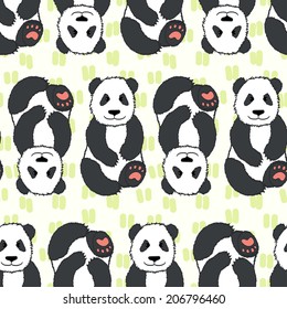 Seamless pattern with cute sitting hand drawn panda. Animal tiling background.