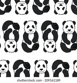 Seamless pattern with cute sitting hand drawn panda. Animal tiling background.