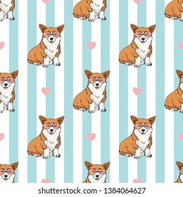 Seamless pattern with cute sitting pembroke welsh corgi wearing pink heart glasses on light blue and white striped background. Endless texture with funny cartoon dogs for your design