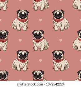 Seamless pattern with cute sitting pugs wearing red scarf on pink background with hearts. Vector dog illustration. Endless texture with cartoon dogs for your design