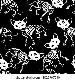 Seamless pattern. Cute skeletons of cats. Can be used for t-short print, poster or card. Ideal for Halloween, the Day of the Dead and more.