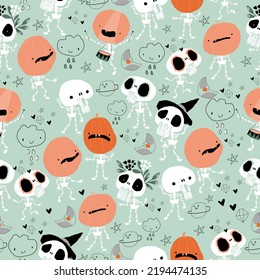 Seamless Pattern with Cute Skeletons and Pumpkins