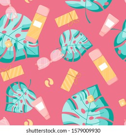 Seamless pattern with cute skincare elements cosmetics and green monstera leaf. Commercial beauty product template, background. Vector Illustration