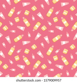 Seamless pattern with cute skincare elements cosmetics. Commercial beauty product template, background. Vector Illustration