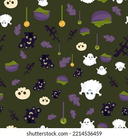 Seamless pattern cute skull, leaves, castle, branch, ghost. Halloween background in cartoon style. Pattern for packaging, textiles, wallpapers.