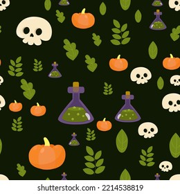 Patrón sin foco lindo cráneo y hojas, botellas de veneno, calabazas. Fondo de Halloween al estilo de las caricaturas. Patrón de embalaje, textiles, papel pintado.