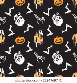 Seamless pattern with cute skulls bats and pumpkins on black background