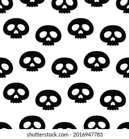 seamless pattern with cute skulls, black skulls isolated on white, halloween background, vector illustration