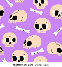 Seamless pattern with cute skulls and bones. Cute halloween vector background. Skeletons with funny faces