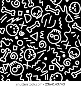 Seamless pattern of cute skulls in a doodle style illustration