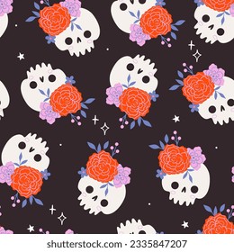 Seamless pattern with cute skulls and flowers. Vector graphics.