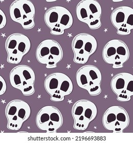 Seamless pattern with cute skulls Halloween symbols. Hand-drawn vector illustration.