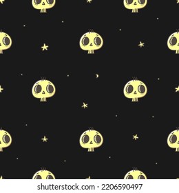 Seamless pattern with cute skulls on  black background. Halloween doodle wallpaper. Autumn cartoon print.