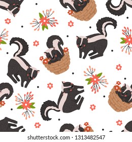 Seamless pattern with cute skunk and flowers isolated on white.Baby shower background.Nursery concept.Design element for fabric,textile,wallpaper,prints,scrapbooking or others.Vector illustration.