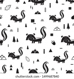 Seamless pattern with cute skunks, trees, mountains and geometric elements. Nature, tourism, hiking. All elements are  hidden under mask. Pattern are not cropped and can be edited. Autumn. Fall.