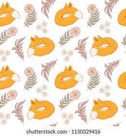 Seamless pattern with cute sleep fox and forest flowers, fall leaves and branches. Autumn background.