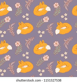 Seamless pattern with cute sleep fox and  fall leaves. Autumn background.