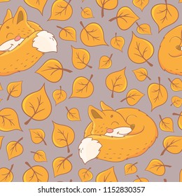 Seamless pattern with cute sleep fox and fall leaves. Autumn background.