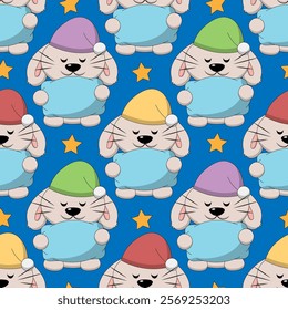 Seamless pattern with Cute sleep Rabbit with pillow