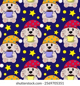 Seamless pattern with Cute sleep Rabbit with cup and stars