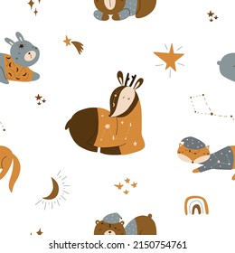 Seamless pattern with cute sleeping animals and outer space elements on a white background. Vector illustration for your design