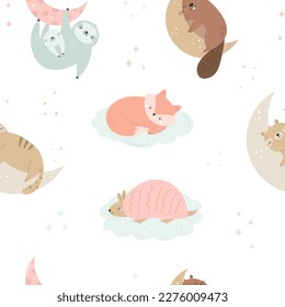 Seamless pattern with cute sleeping animals in pastel colors for prints, kids clothing, decorations, nursery.