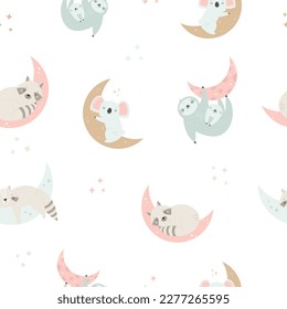 Seamless pattern with cute sleeping animals in pastel colors for prints, kids clothing, decorations, nursery.