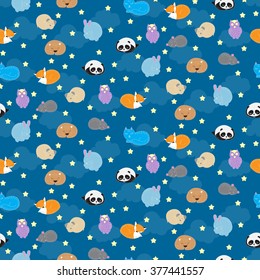 Seamless pattern with cute sleeping animals. Vector illustration