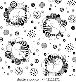 Seamless pattern. Cute sleeping animals: cat. Hand drawn vector black and white illustrations. Funny cartoon, doodle for children. Bedtime colouring page.