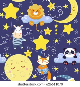 Seamless Pattern With Cute Sleeping Animals And Moons, Stars. Vector Illustration