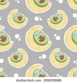 seamless pattern cute sleeping avocado on gray background