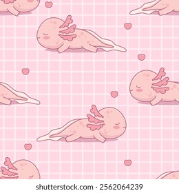 Seamless pattern with cute sleeping Axolotl on pink checkered background with heart. Funny Little cartoon kawaii character. Vector illustration. Kids collection